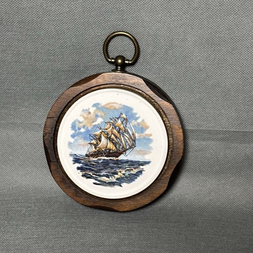 Vintage Jerry Abrams Clipper Ship Wall Plaque Nautical Decor Ceramic Tile & Wood